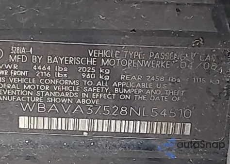 2008 BMW 328I из США, поврежденный, VIN WBAVA37528NL54510